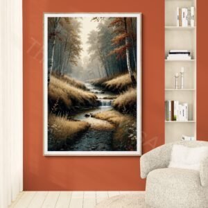 Vertical digital painting of a misty autumn forest with a narrow reflective stream. Tall slender trees with white bark and red and gold leaves are surrounded by tall grasses and wildflowers in a warm, earthy palette.