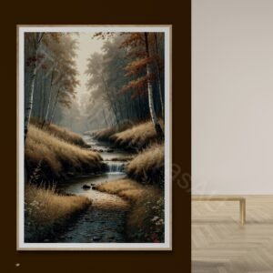 Vertical digital painting of a misty autumn forest with a narrow reflective stream. Tall slender trees with white bark and red and gold leaves are surrounded by tall grasses and wildflowers in a warm, earthy palette.