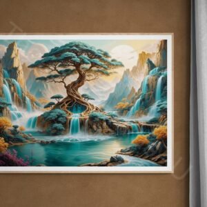 Detailed surreal digital painting featuring a twisted tree with lush teal leaves surrounded by cascading waterfalls. The waterfalls flow into a turquoise pool set against sharp golden mountains and a large white moon in a swirling sky.