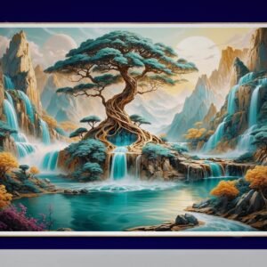 Detailed surreal digital painting featuring a twisted tree with lush teal leaves surrounded by cascading waterfalls. The waterfalls flow into a turquoise pool set against sharp golden mountains and a large white moon in a swirling sky.