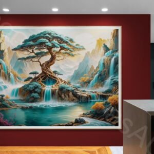 Detailed surreal digital painting featuring a twisted tree with lush teal leaves surrounded by cascading waterfalls. The waterfalls flow into a turquoise pool set against sharp golden mountains and a large white moon in a swirling sky.