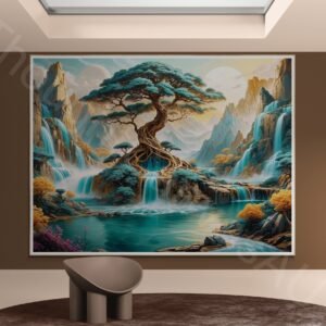 Detailed surreal digital painting featuring a twisted tree with lush teal leaves surrounded by cascading waterfalls. The waterfalls flow into a turquoise pool set against sharp golden mountains and a large white moon in a swirling sky.