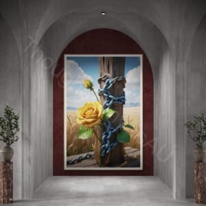 Symbolic Floral Surrealism Print: Vibrant Rose & Corroded Chain, Earthy Textured Landscape with Wheat, Modern Rustic Home Office Art