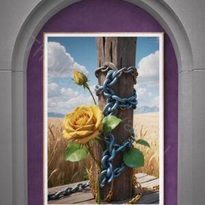 Surreal digital artwork of a vibrant yellow rose intertwined with a rusty metal chain around a weathered wooden post with blue streaks. Golden wheat stalks surround the post under a cloudy sky on a textured earthy ground with fallen petals.