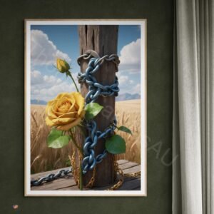 Surreal digital artwork of a vibrant yellow rose intertwined with a rusty metal chain around a weathered wooden post with blue streaks. Golden wheat stalks surround the post under a cloudy sky on a textured earthy ground with fallen petals.