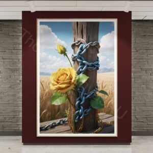 Surreal digital artwork of a vibrant yellow rose intertwined with a rusty metal chain around a weathered wooden post with blue streaks. Golden wheat stalks surround the post under a cloudy sky on a textured earthy ground with fallen petals.
