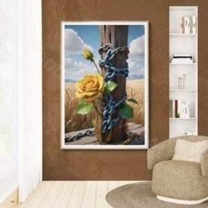 Surreal digital artwork of a vibrant yellow rose intertwined with a rusty metal chain around a weathered wooden post with blue streaks. Golden wheat stalks surround the post under a cloudy sky on a textured earthy ground with fallen petals.