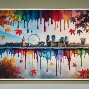 Whimsical dripping watercolour painting of the London skyline in vibrant autumn colours. The symmetrical layout features iconic buildings with colourful paint drips and splashes in orange, gold, and red against a clean background.