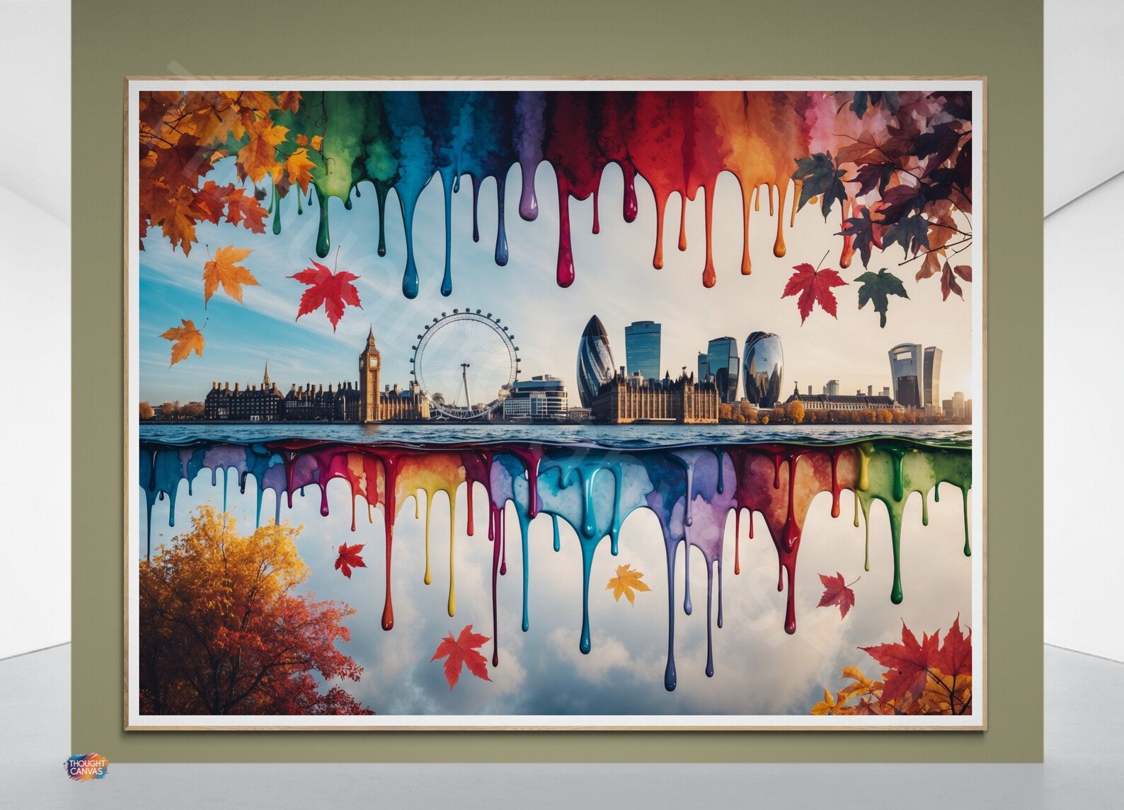 Whimsical dripping watercolour painting of the London skyline in vibrant autumn colours. The symmetrical layout features iconic buildings with colourful paint drips and splashes in orange, gold, and red against a clean background.