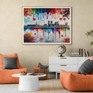 Whimsical dripping watercolour painting of the London skyline in vibrant autumn colours. The symmetrical layout features iconic buildings with colourful paint drips and splashes in orange, gold, and red against a clean background.