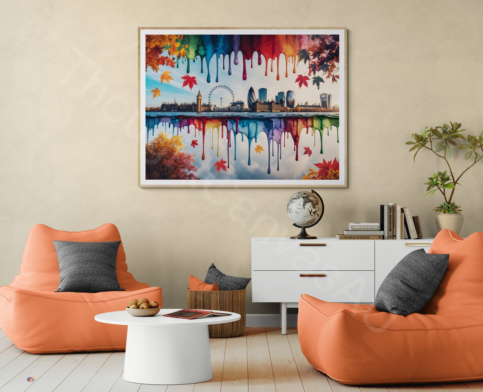 Whimsical dripping watercolour painting of the London skyline in vibrant autumn colours. The symmetrical layout features iconic buildings with colourful paint drips and splashes in orange, gold, and red against a clean background.