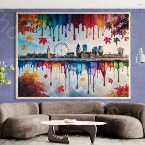 Whimsical dripping watercolour painting of the London skyline in vibrant autumn colours. The symmetrical layout features iconic buildings with colourful paint drips and splashes in orange, gold, and red against a clean background.