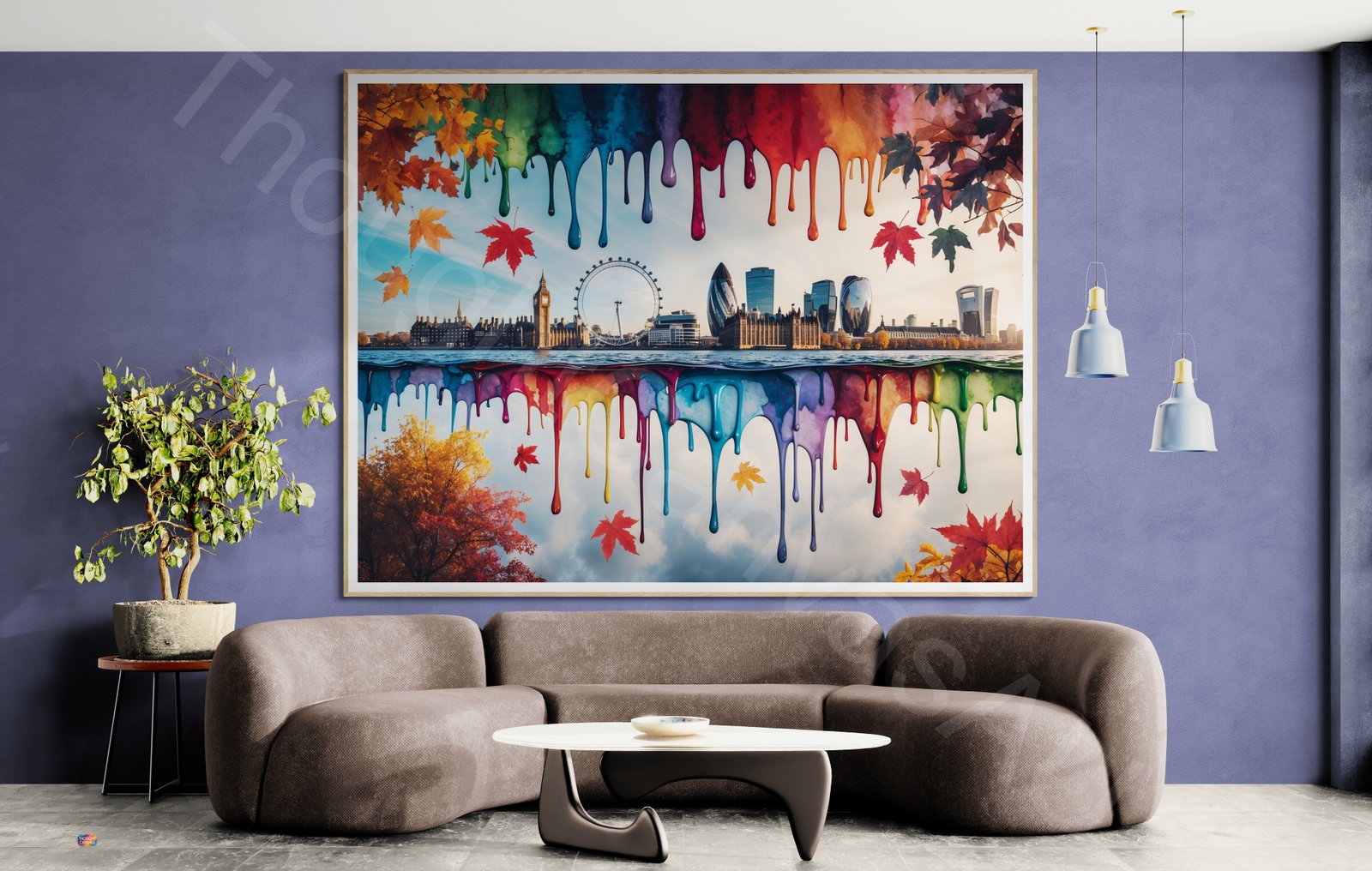Whimsical dripping watercolour painting of the London skyline in vibrant autumn colours. The symmetrical layout features iconic buildings with colourful paint drips and splashes in orange, gold, and red against a clean background.