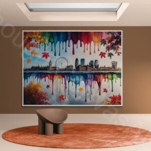 Whimsical dripping watercolour painting of the London skyline in vibrant autumn colours. The symmetrical layout features iconic buildings with colourful paint drips and splashes in orange, gold, and red against a clean background.