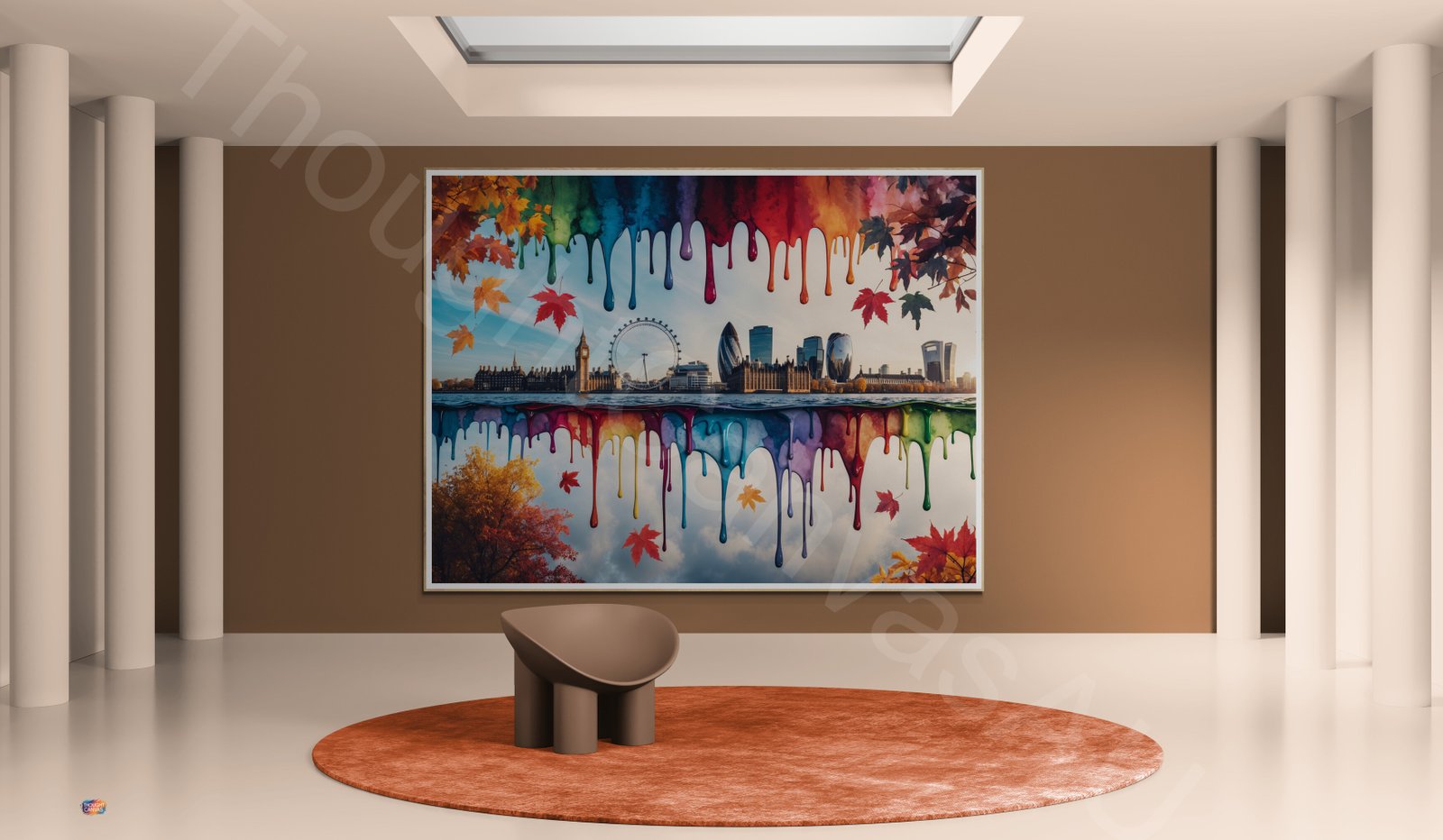 Whimsical dripping watercolour painting of the London skyline in vibrant autumn colours. The symmetrical layout features iconic buildings with colourful paint drips and splashes in orange, gold, and red against a clean background.