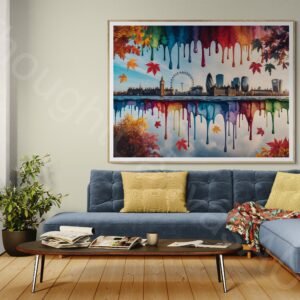 Whimsical dripping watercolour painting of the London skyline in vibrant autumn colours. The symmetrical layout features iconic buildings with colourful paint drips and splashes in orange, gold, and red against a clean background.