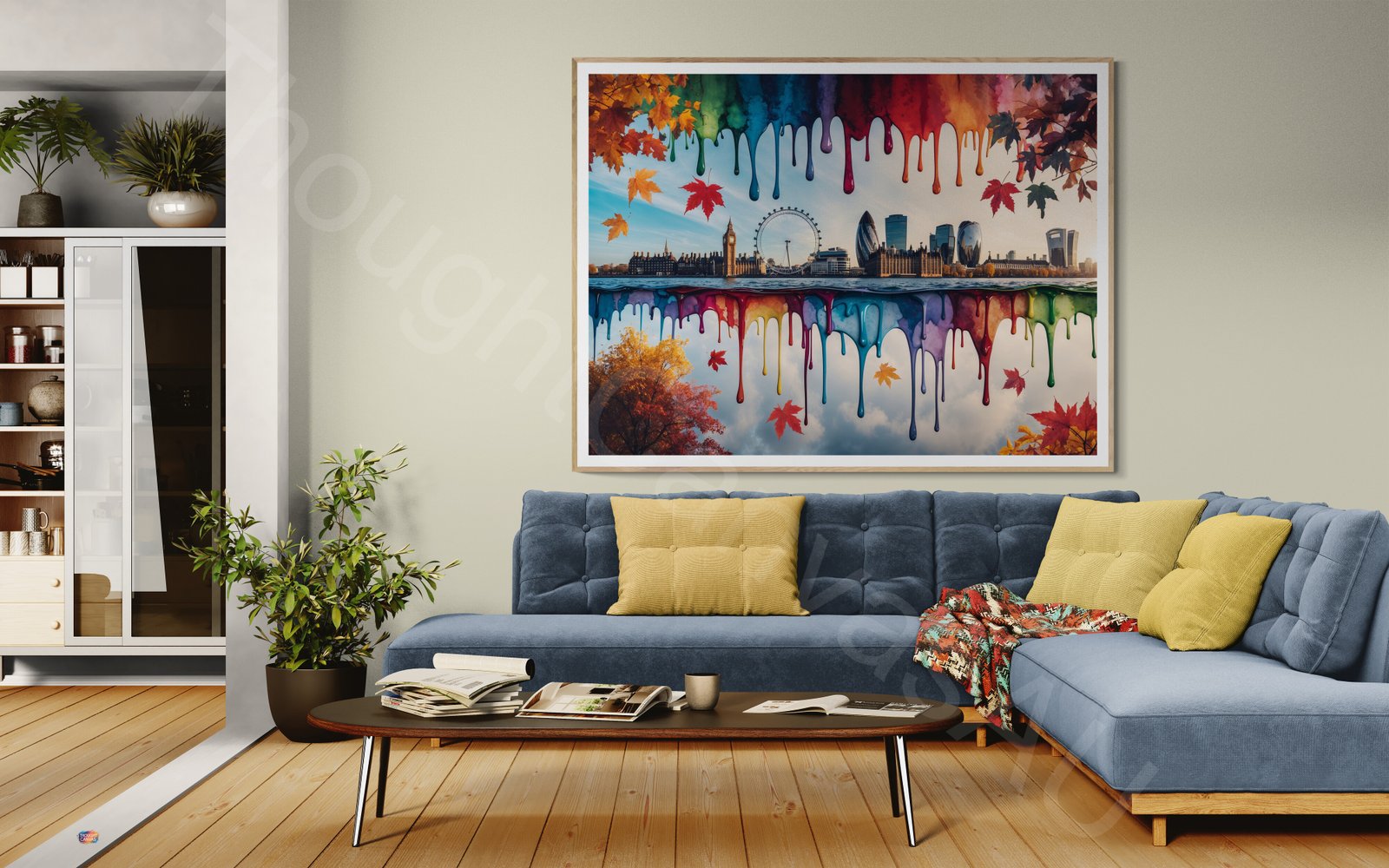 Whimsical dripping watercolour painting of the London skyline in vibrant autumn colours. The symmetrical layout features iconic buildings with colourful paint drips and splashes in orange, gold, and red against a clean background.