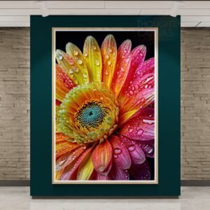 Macro Pink Orange Flower Poster: Detailed Water Droplets on Petals, Greenish Blue Center Gerbera Photo, Contemporary Statement Wall Decor