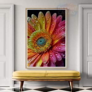 High-contrast macro photograph of the right half of a gerbera daisy against a solid black background. The petals feature an orange to deep pink gradient covered in water droplets, with a dense greenish-blue center.