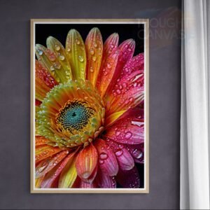 High-contrast macro photograph of the right half of a gerbera daisy against a solid black background. The petals feature an orange to deep pink gradient covered in water droplets, with a dense greenish-blue center.