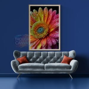 High-contrast macro photograph of the right half of a gerbera daisy against a solid black background. The petals feature an orange to deep pink gradient covered in water droplets, with a dense greenish-blue center.