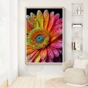 High-contrast macro photograph of the right half of a gerbera daisy against a solid black background. The petals feature an orange to deep pink gradient covered in water droplets, with a dense greenish-blue center.