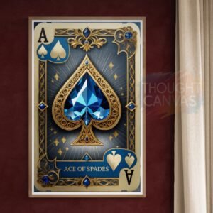 Stylized luxury playing card digital art featuring the Ace of Spades. The card has a rich blue background, intricate gold filigree borders, and a large faceted blue gemstone spade at the center with a classic serif banner reading 'ACE OF SPADES'.