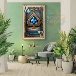 Stylized luxury playing card digital art featuring the Ace of Spades. The card has a rich blue background, intricate gold filigree borders, and a large faceted blue gemstone spade at the center with a classic serif banner reading 'ACE OF SPADES'.