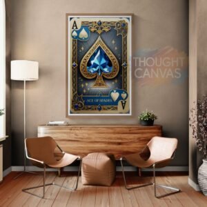 Stylized luxury playing card digital art featuring the Ace of Spades. The card has a rich blue background, intricate gold filigree borders, and a large faceted blue gemstone spade at the center with a classic serif banner reading 'ACE OF SPADES'.