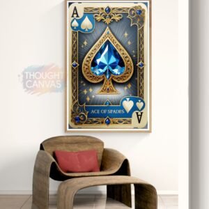 Stylized luxury playing card digital art featuring the Ace of Spades. The card has a rich blue background, intricate gold filigree borders, and a large faceted blue gemstone spade at the center with a classic serif banner reading 'ACE OF SPADES'.