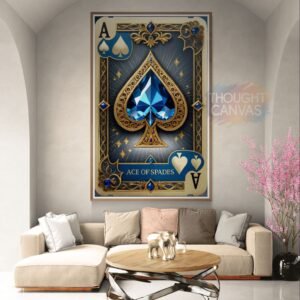 Stylized luxury playing card digital art featuring the Ace of Spades. The card has a rich blue background, intricate gold filigree borders, and a large faceted blue gemstone spade at the center with a classic serif banner reading 'ACE OF SPADES'.