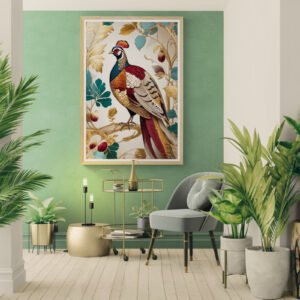 Stylized vertical illustration of a colorful pheasant with red, green, and gold feathers. The bird is perched among ornate, swirling gold and red foliage with detailed line work, reminiscent of a luxury vintage wallpaper design.