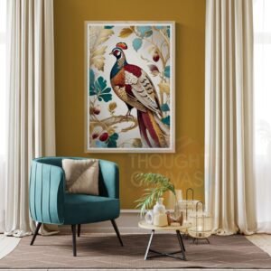 Stylized vertical illustration of a colorful pheasant with red, green, and gold feathers. The bird is perched among ornate, swirling gold and red foliage with detailed line work, reminiscent of a luxury vintage wallpaper design.