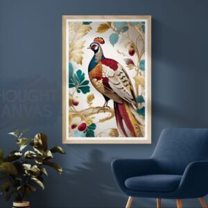Stylized vertical illustration of a colorful pheasant with red, green, and gold feathers. The bird is perched among ornate, swirling gold and red foliage with detailed line work, reminiscent of a luxury vintage wallpaper design.