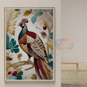 Stylized vertical illustration of a colorful pheasant with red, green, and gold feathers. The bird is perched among ornate, swirling gold and red foliage with detailed line work, reminiscent of a luxury vintage wallpaper design.