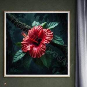 Detailed digital painting of a vibrant red hibiscus flower on a tree branch. The flower features intricate stamens and petals, surrounded by textured green leaves with fine line details against a dark, lush jungle background.