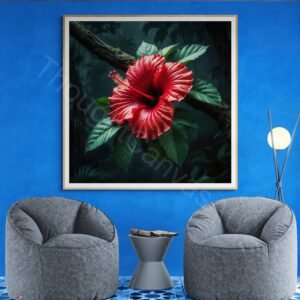 Detailed digital painting of a vibrant red hibiscus flower on a tree branch. The flower features intricate stamens and petals, surrounded by textured green leaves with fine line details against a dark, lush jungle background.