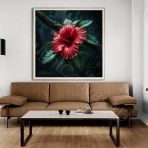 Detailed digital painting of a vibrant red hibiscus flower on a tree branch. The flower features intricate stamens and petals, surrounded by textured green leaves with fine line details against a dark, lush jungle background.