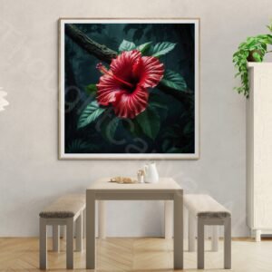 Detailed digital painting of a vibrant red hibiscus flower on a tree branch. The flower features intricate stamens and petals, surrounded by textured green leaves with fine line details against a dark, lush jungle background.