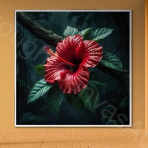 Detailed digital painting of a vibrant red hibiscus flower on a tree branch. The flower features intricate stamens and petals, surrounded by textured green leaves with fine line details against a dark, lush jungle background.