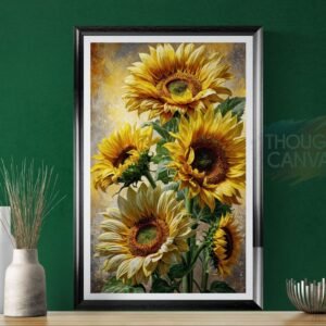 Lively Yellow Sunflowers Print: Realistic Floral Painting with Textured Gray Background, Warm Summer Botanical Poster, Country Kitchen Art