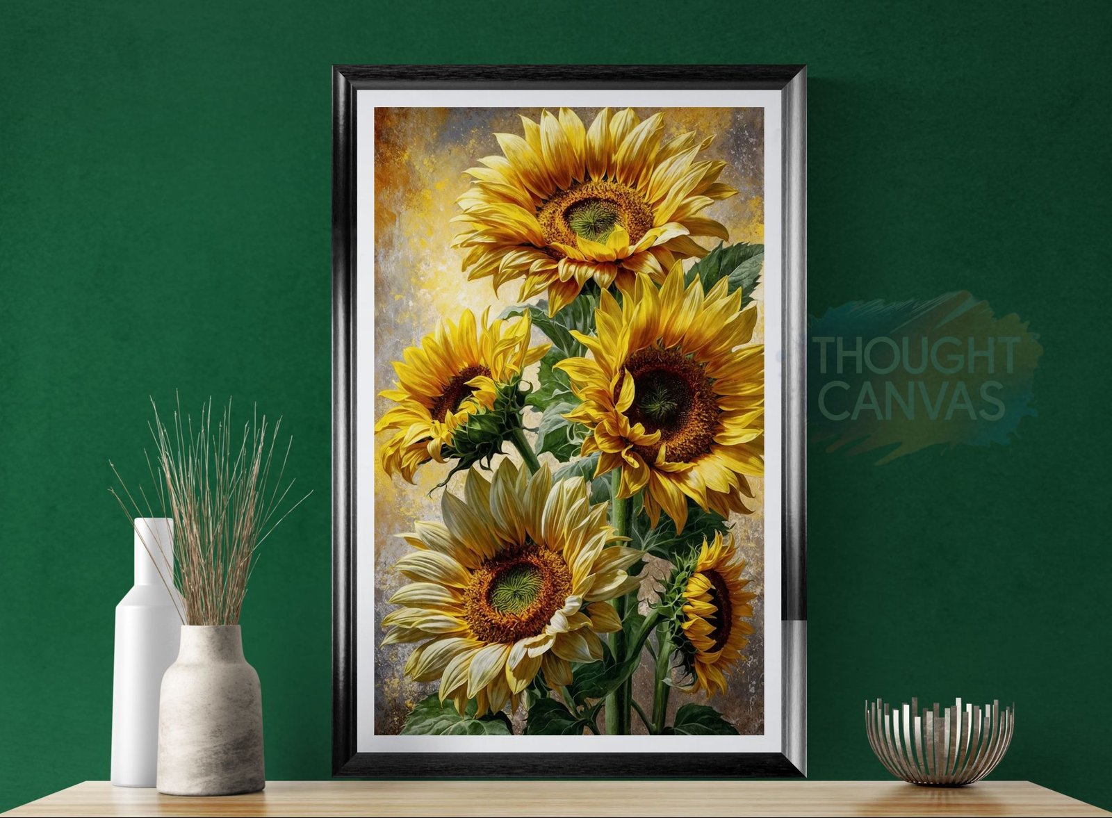 Lively Yellow Sunflowers Print: Realistic Floral Painting with Textured Gray Background, Warm Summer Botanical Poster, Country Kitchen Art
