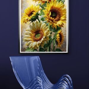 Vibrant vertical digital painting of four large sunflowers with bright yellow petals and dark brown centers. The flowers feature detailed lush green leaves against a textured soft yellow and gray background in a painterly impressionist style.