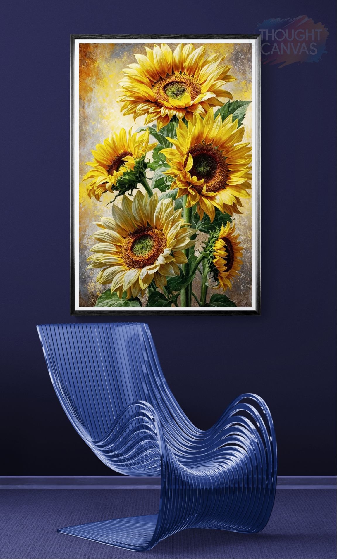 Vibrant vertical digital painting of four large sunflowers with bright yellow petals and dark brown centers. The flowers feature detailed lush green leaves against a textured soft yellow and gray background in a painterly impressionist style.