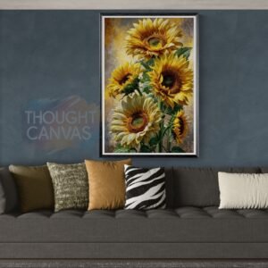 Vibrant vertical digital painting of four large sunflowers with bright yellow petals and dark brown centers. The flowers feature detailed lush green leaves against a textured soft yellow and gray background in a painterly impressionist style.