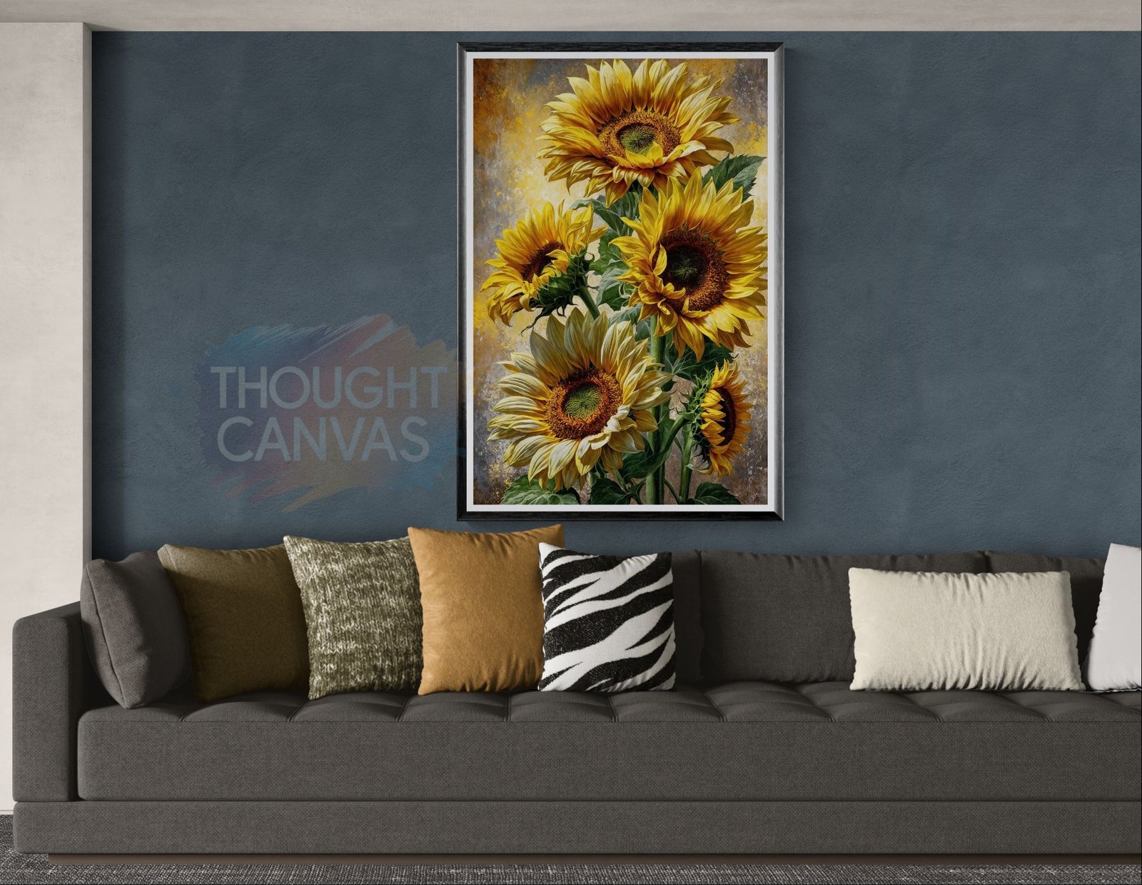 Vibrant vertical digital painting of four large sunflowers with bright yellow petals and dark brown centers. The flowers feature detailed lush green leaves against a textured soft yellow and gray background in a painterly impressionist style.