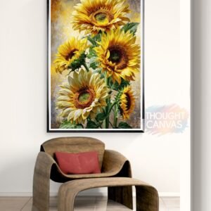 Vibrant vertical digital painting of four large sunflowers with bright yellow petals and dark brown centers. The flowers feature detailed lush green leaves against a textured soft yellow and gray background in a painterly impressionist style.