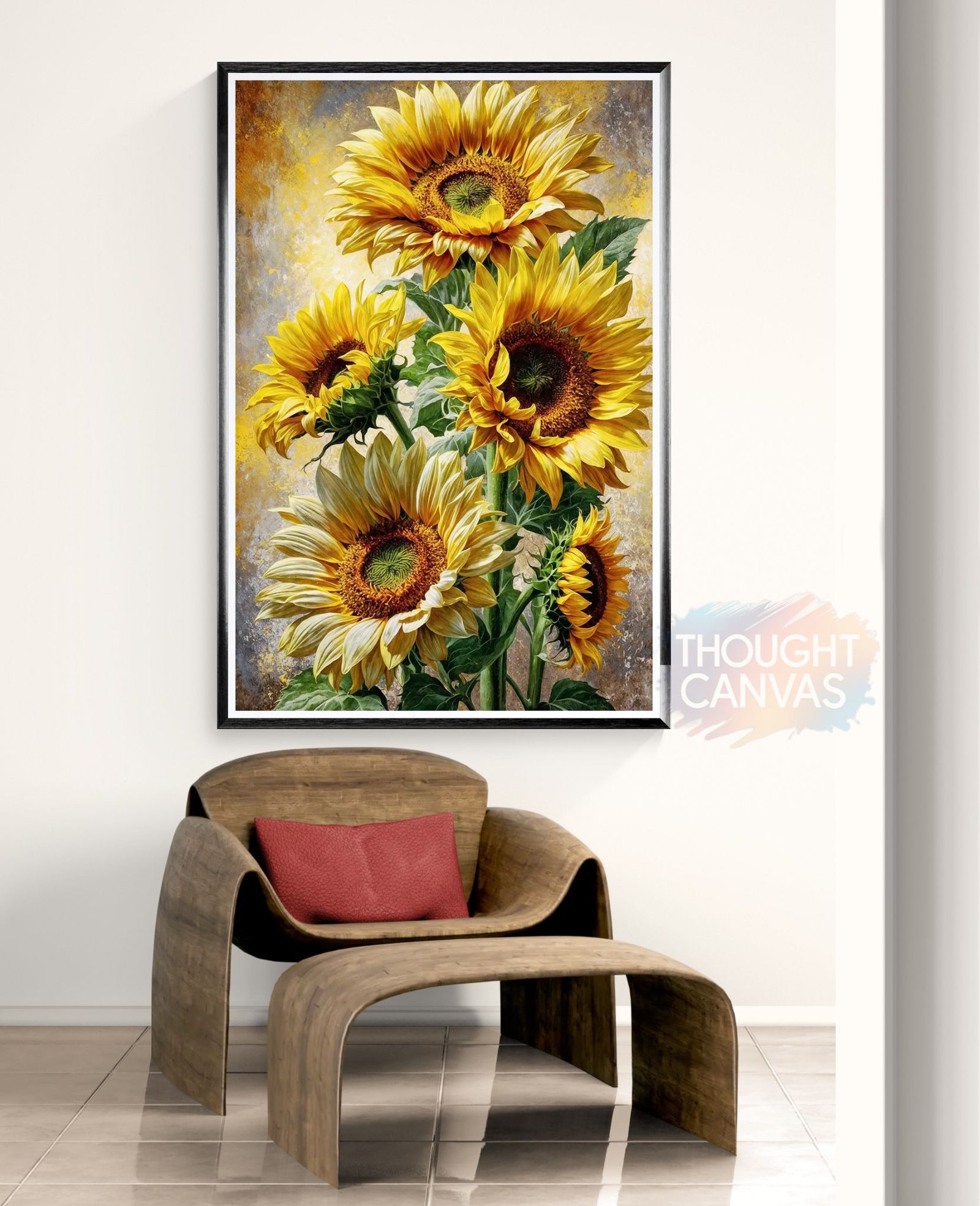 Vibrant vertical digital painting of four large sunflowers with bright yellow petals and dark brown centers. The flowers feature detailed lush green leaves against a textured soft yellow and gray background in a painterly impressionist style.