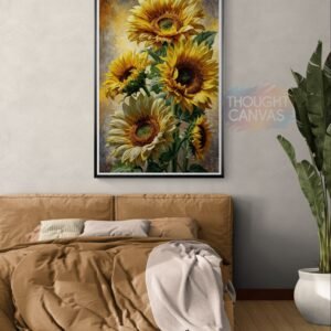 Vibrant vertical digital painting of four large sunflowers with bright yellow petals and dark brown centers. The flowers feature detailed lush green leaves against a textured soft yellow and gray background in a painterly impressionist style.