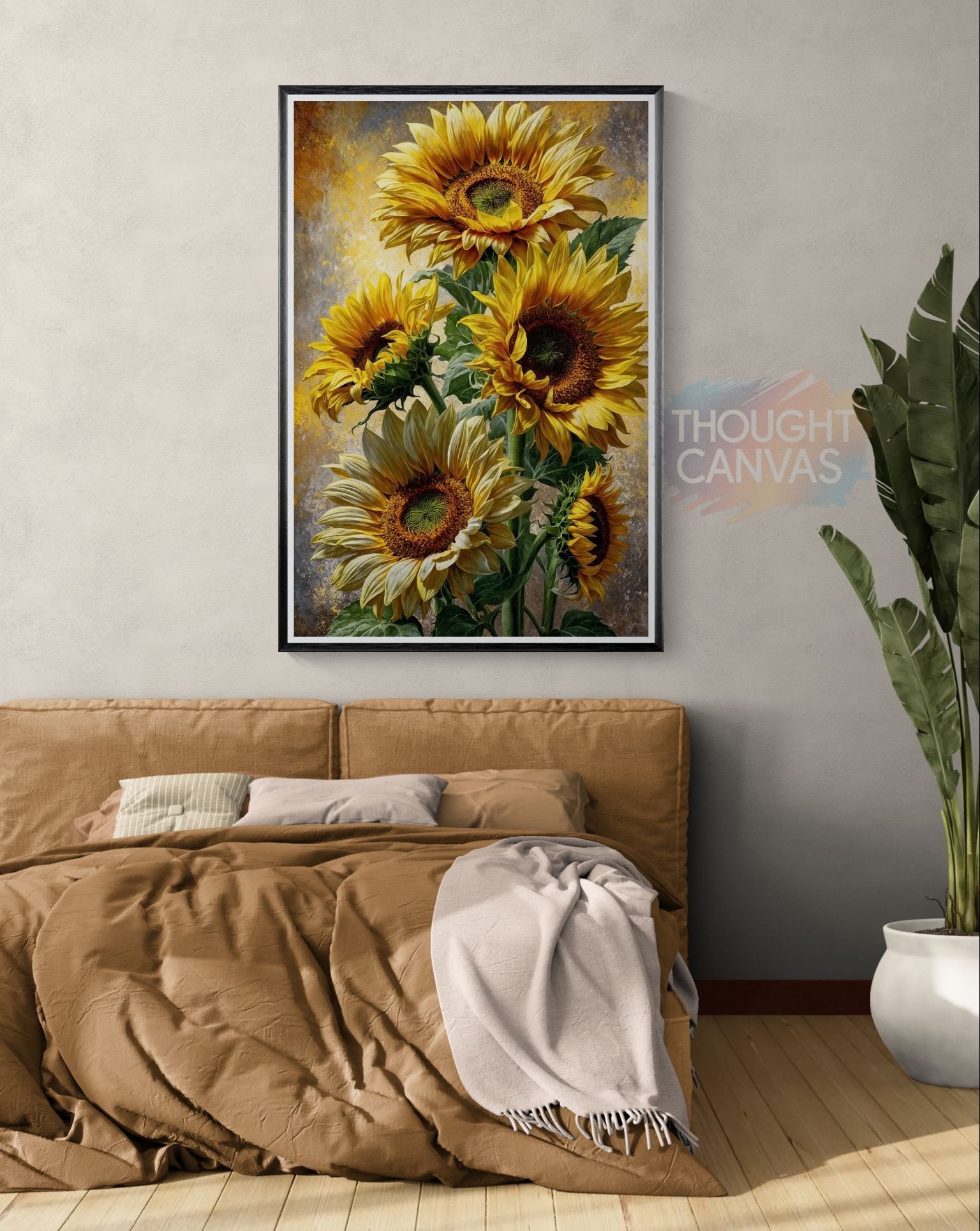 Vibrant vertical digital painting of four large sunflowers with bright yellow petals and dark brown centers. The flowers feature detailed lush green leaves against a textured soft yellow and gray background in a painterly impressionist style.